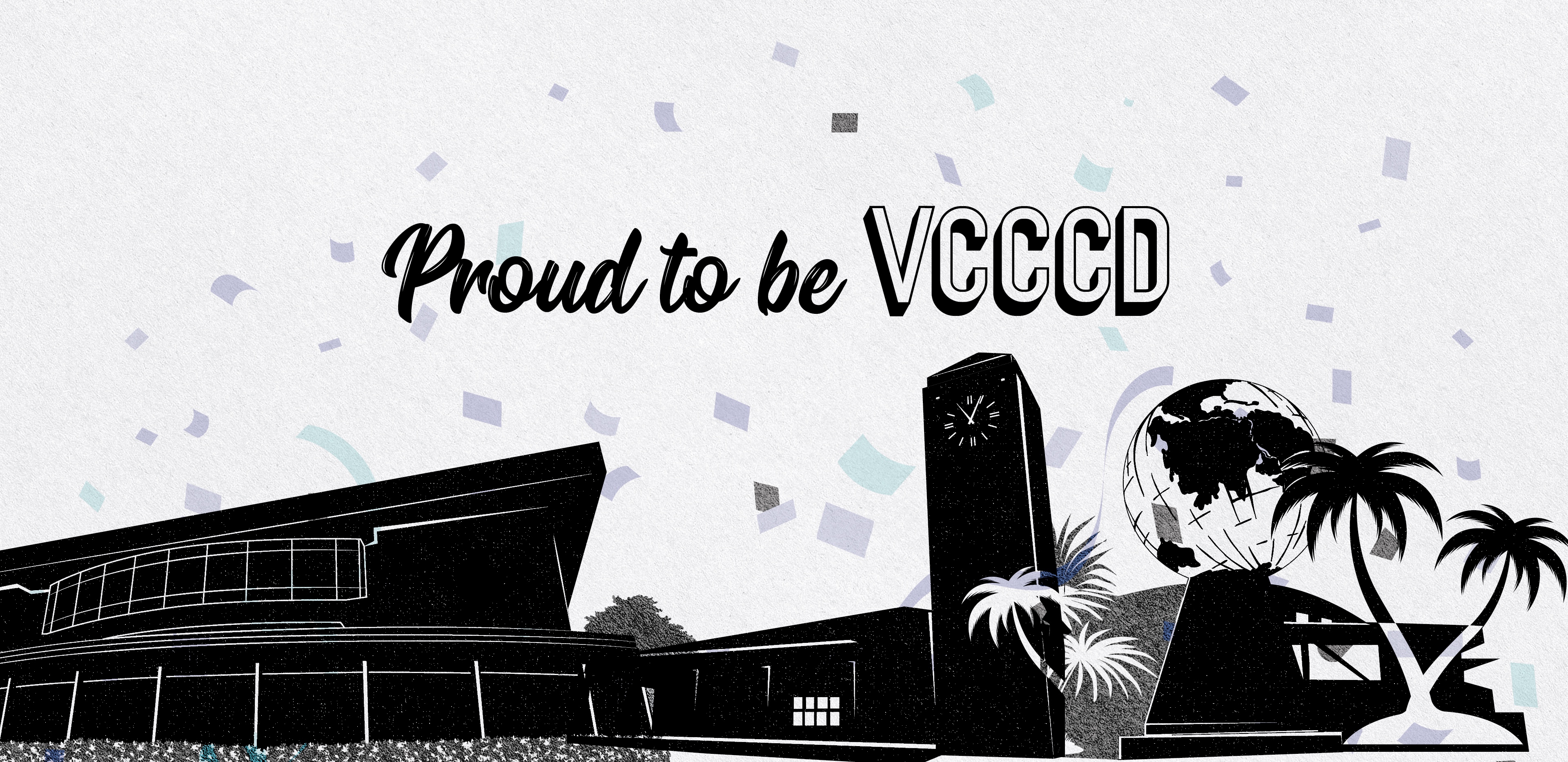 Black silhouettes of buildings from MC, OC, VC with lavender and blue confetti; text "Proud to be ϲ"