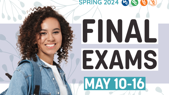Text “Spring 2024. Final Exams. May 10-16”. ϲ logos above text. Image of student carrying a backpack and holding notebooks.